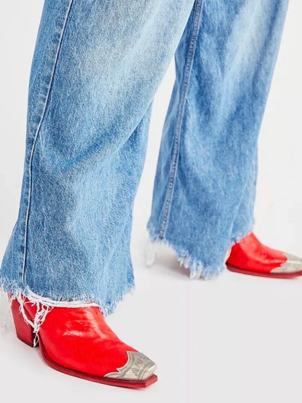 Free People Brayden Red Western-Style Ankle Boots with Silver Toe
